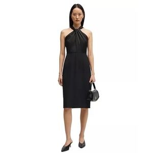 Hugo BOSS Women's Datinar Dress 12 Black Twist Neck Sleeveless Satin Top Stretch